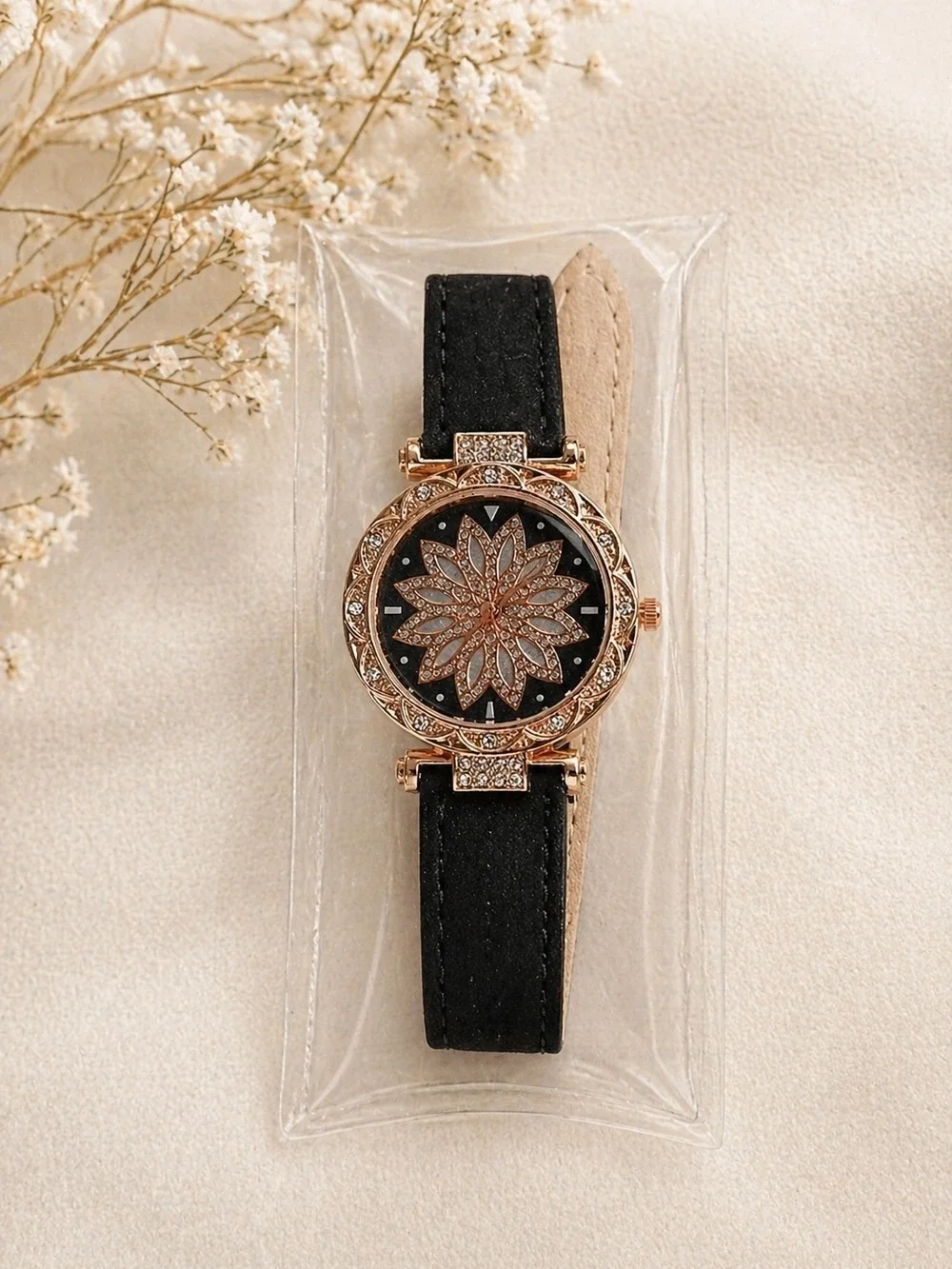 Women Rose Gold Floral Crystal Dial Watch Black Strap- Battery Included